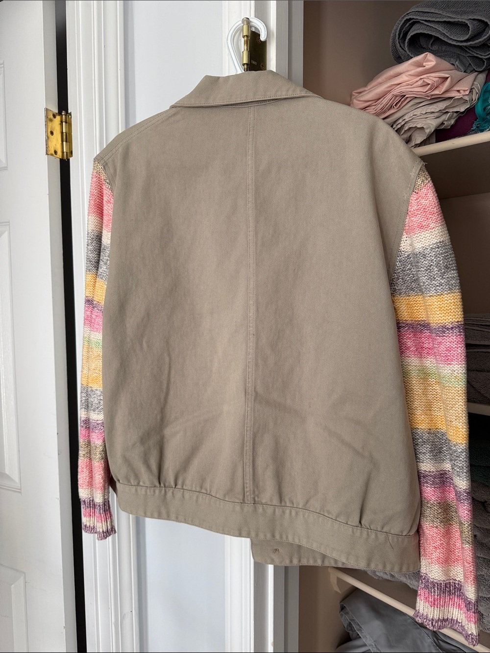 French Connection Beige Utility Jacket with Multicolor Striped Knit Sleeves - Picture 4 of 4